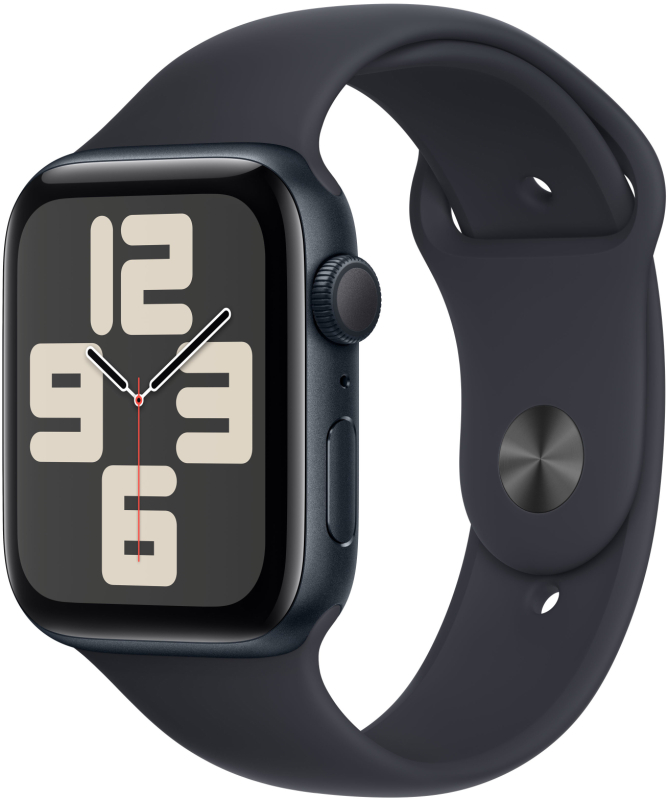 Apple Watch SE 2023, 44 мм, корпус из алюминия цвета тёмная ночь, спортивный ремешок цвета тёмная ночь, GPS